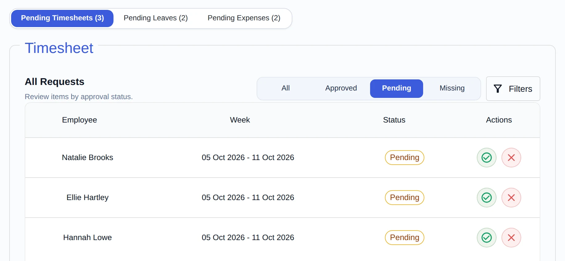 The approval queue: three timesheets waiting, each with approve and reject buttons