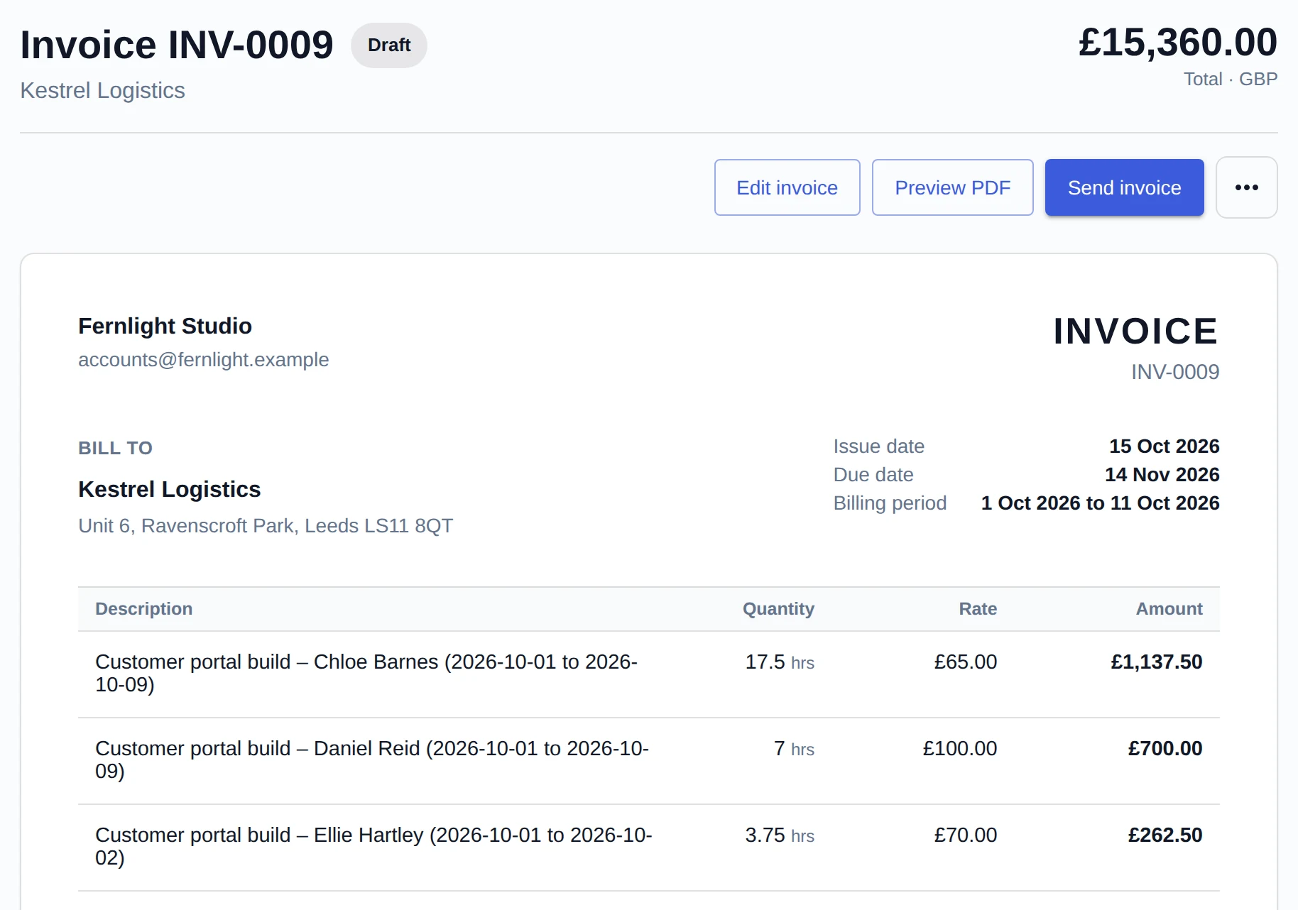 A draft invoice for a client, built from approved hours with each person’s rate and amount
