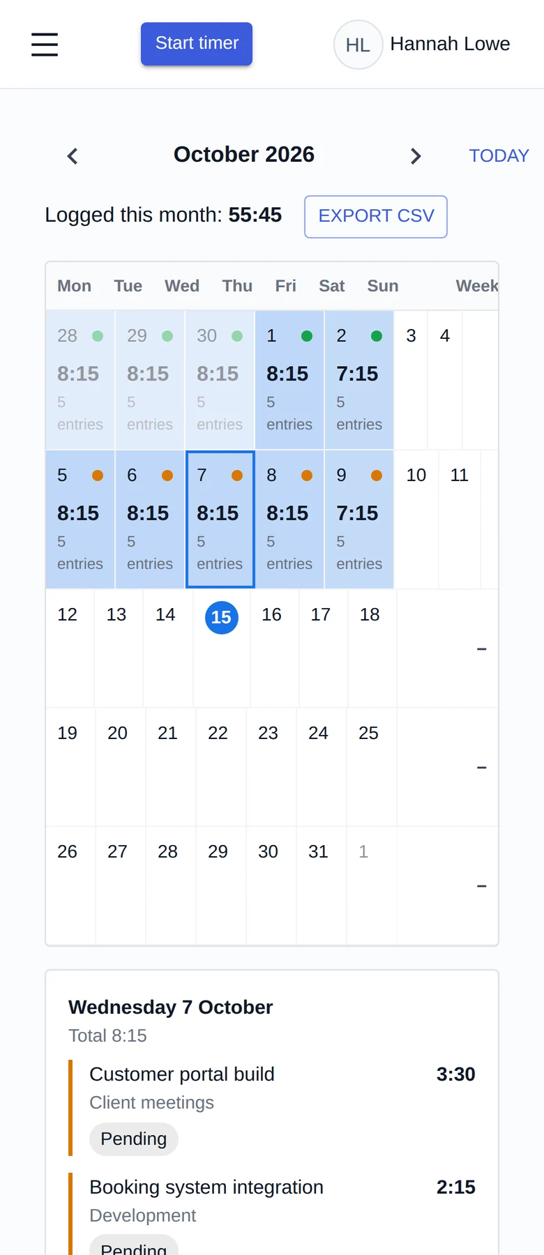 The calendar on a phone: hours logged each day, with the selected day’s entries and their status below